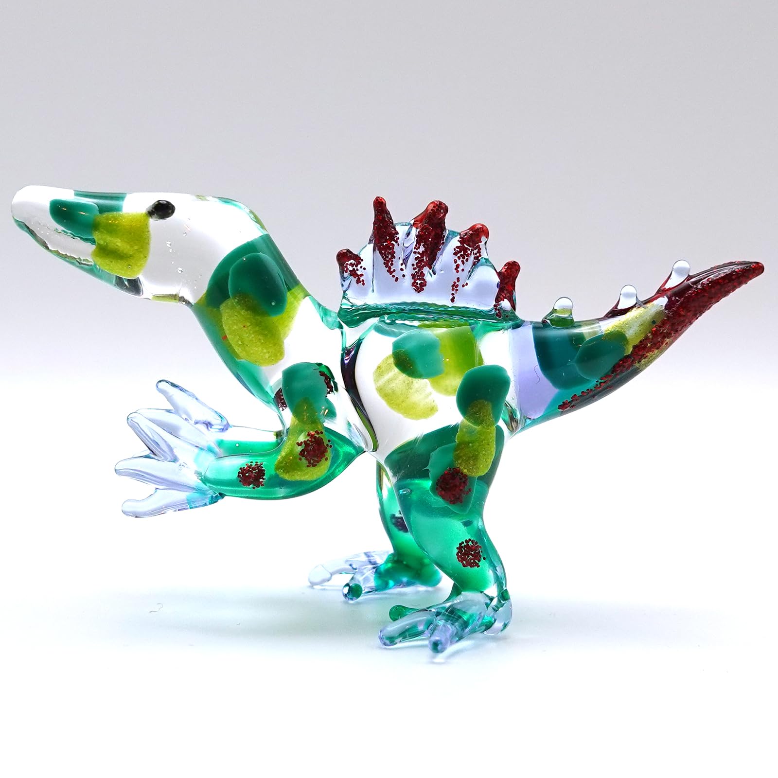 Sansukjai Spinosaurus Dinosaur Miniature Tiny Figurines Hand Blown Glass Art Animals Collectible Gift Home Décor (Green Red)
