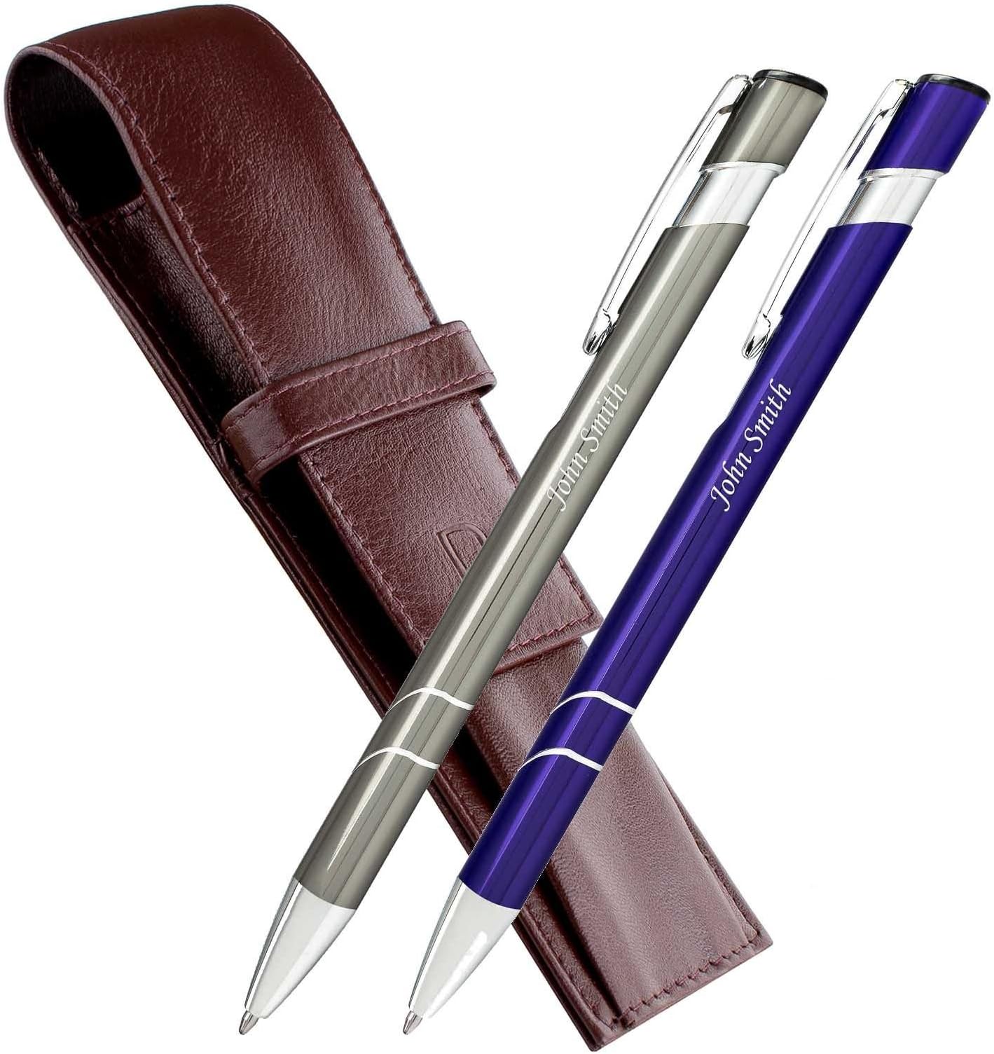 Laser Engraved Personalised Gift 2 x Aluminium Ballpoint Pen Set with Leather Pouch Pagani Dark Brown - Star Granite & Violet