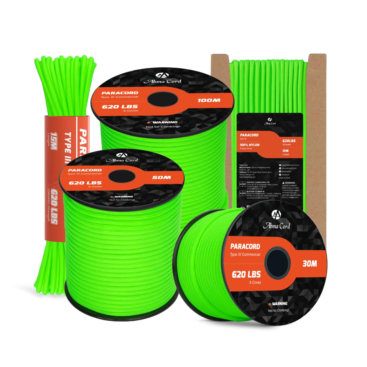 Abma Cord Paracord 4mm 30m 100% Nylon Rope 9 Strands Type III Parachute Cord for DIY, Camping, Survival, Outdoor - Max. 280kg - Neon Green