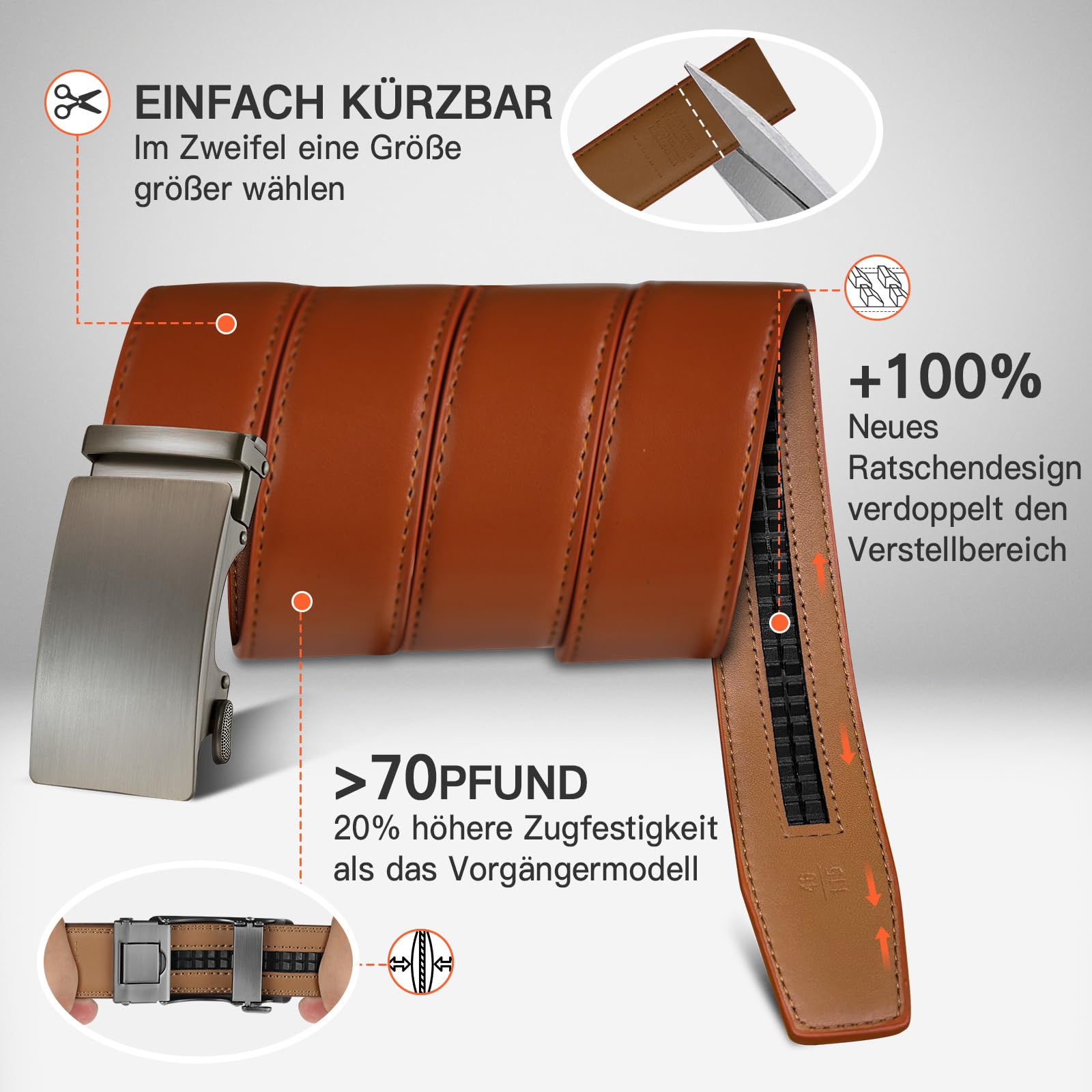 TANGCHAO Gürtel Herren,Ledergürtel Ratsche Automatikschließe für Herren Business Anzug Jeans, 35mm Gürtel,Größe Einstellbar, Braun 24, Länge 115cm (28"-37" taille verstellbar) 3