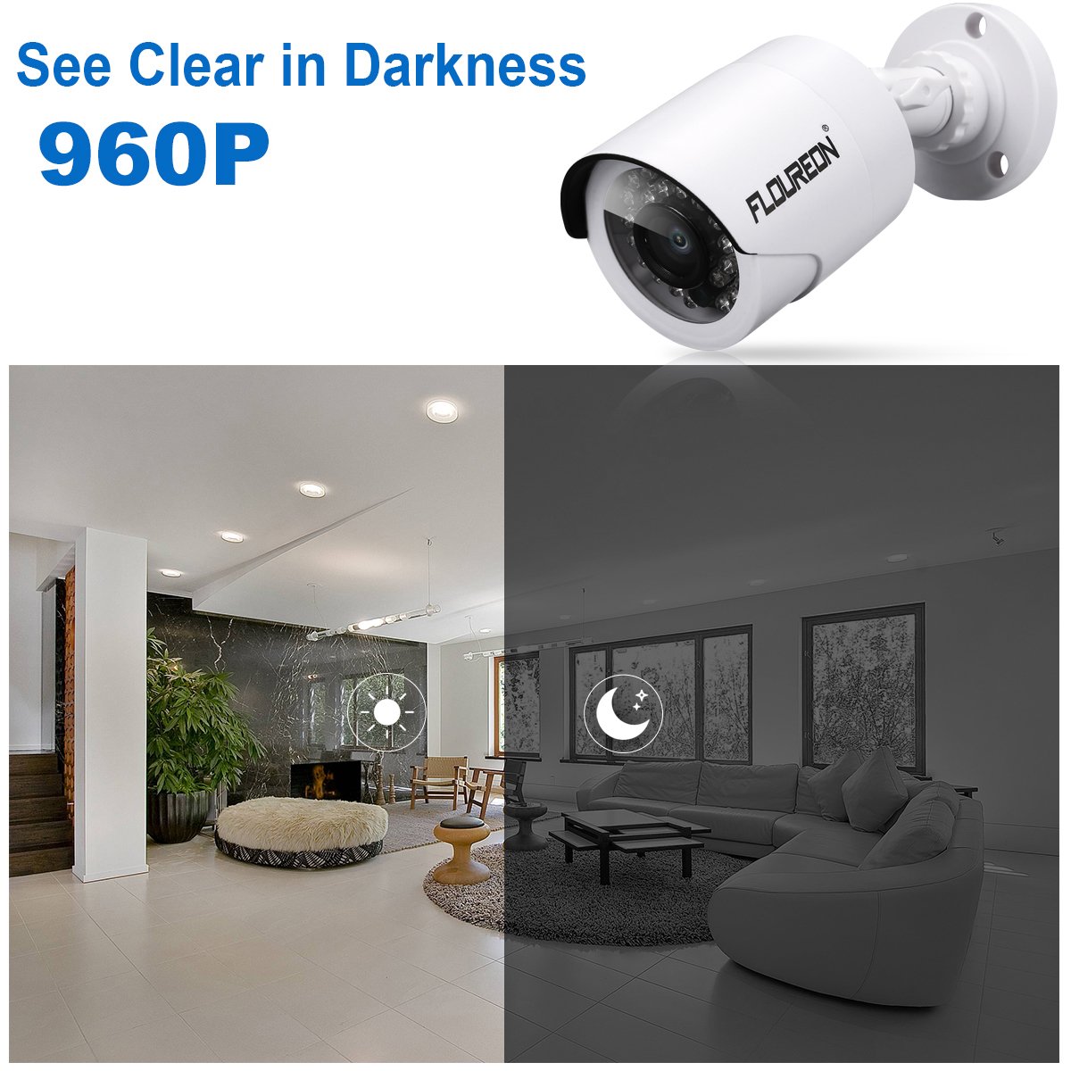 FLOUREON 2000TVL Überwachungskamera 1,3MP Outdoor Kamera Nachsicht für AHD 1080N DVR Videoüberwachung Wasserdicht Weiß