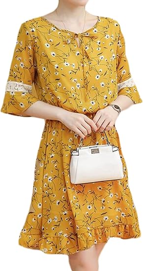 Amazon Zhongjue ジュージェン レディース 夏 ワンピース シフォン 半袖 ハイウエスト 花柄 フェミニン ワンピ フリル袖 かわいい おしゃれ ワンピース チュニック 通販