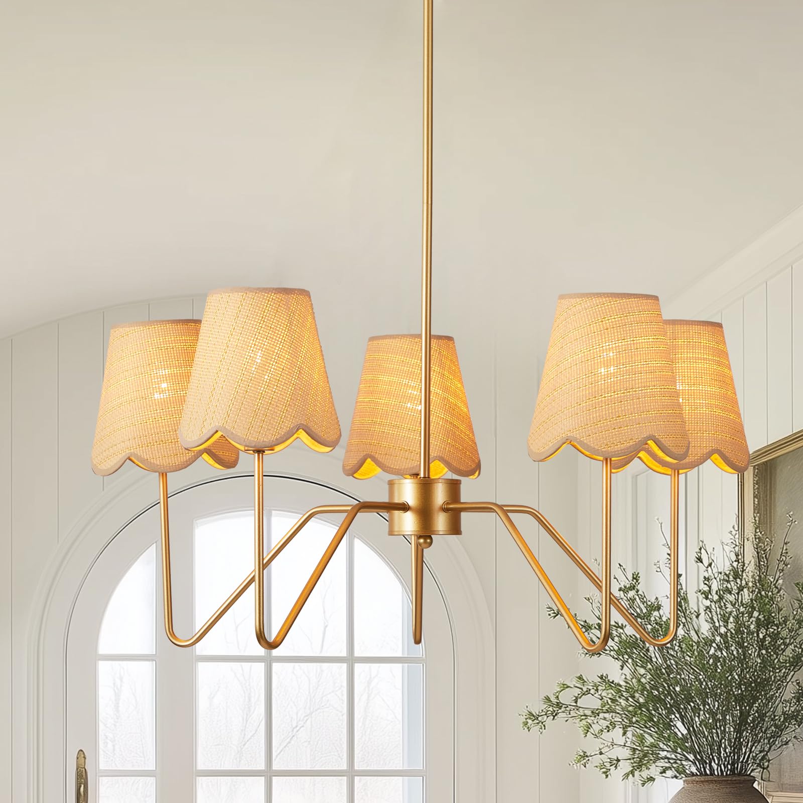 Photo 1 of Csetuay 28" Rattan Chandelier, Large Modern Pendant Light Fixtures with Flower Shades Antique Brass Brush Paint Finish for Dining Room, Kitchen Island, Foyer, Living Room 5-Light
