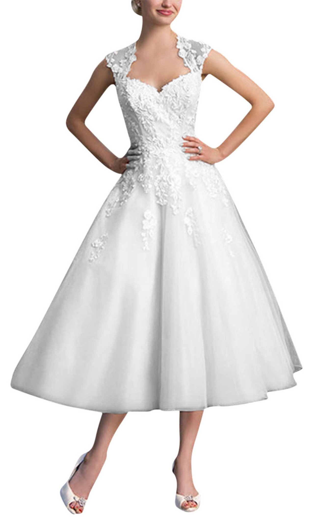 Women's Tea Length Sweetheart Wedding Dress Lace Cap Sleeves Bridal