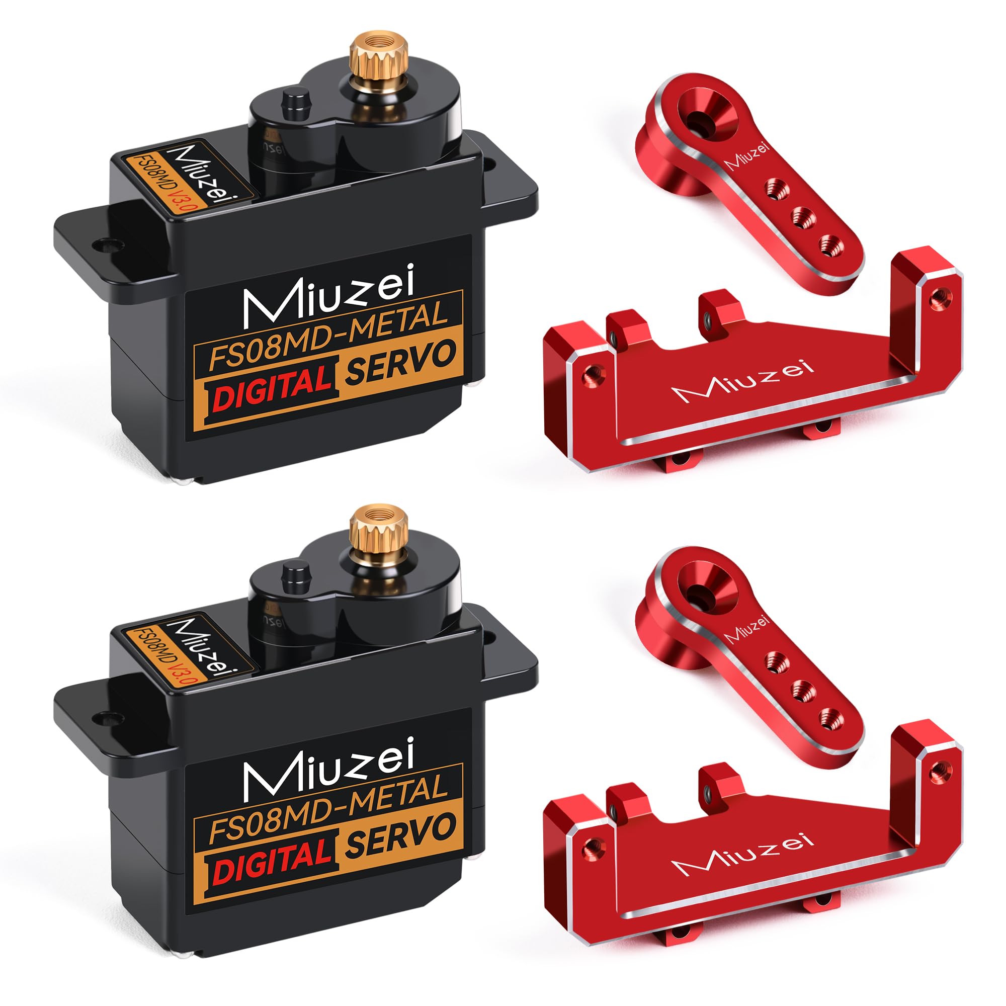 Miuzei 12 g Micro RC Servo Metal Gear ES08MA II Digital Servo + Motor Steering Servo for Arduino 1/24 Car SCX24 AX24 Car Robot Boat Aeroplane Mini 5 V with 25 cm Servo Cable Mount Horn Set, Red