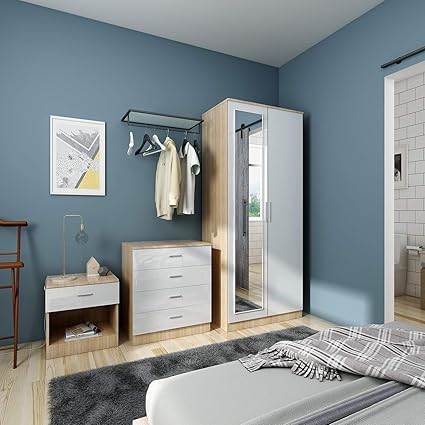 Elegant Modern High Gloss Wardrobe And Cabinet Furniture Set Bedroom 2 Doors Wardrobe With Mirror And 4 Drawer Chest And Bedside Cabinet White Oak