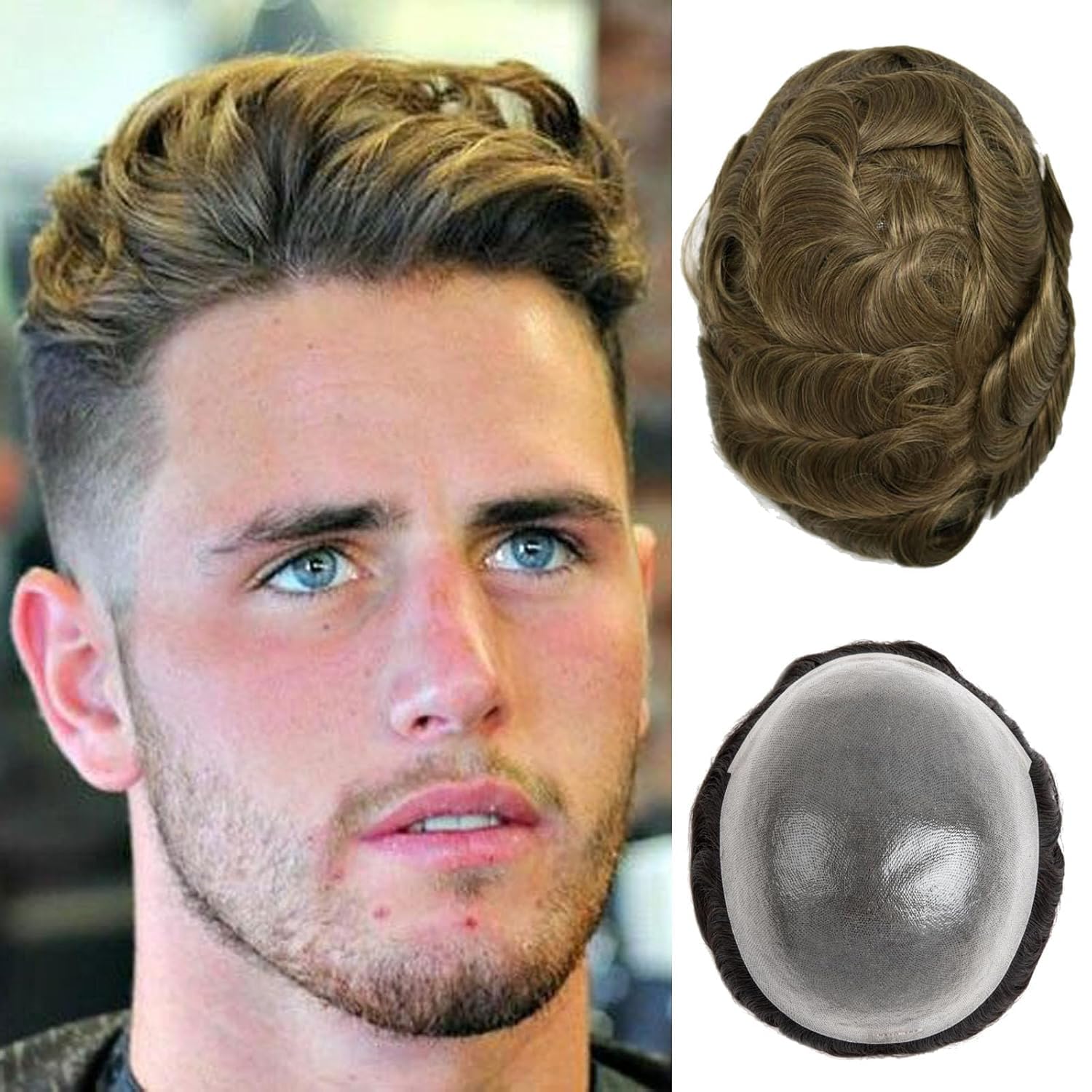 Toupee For Men 0.1mm Poly Skin Human Hair System For Men Men'S Toupee V-Loop Knots Durable Pu Toupee Human Hair Mens Wig Base Size 8X10 Inch 120% Density （#7）