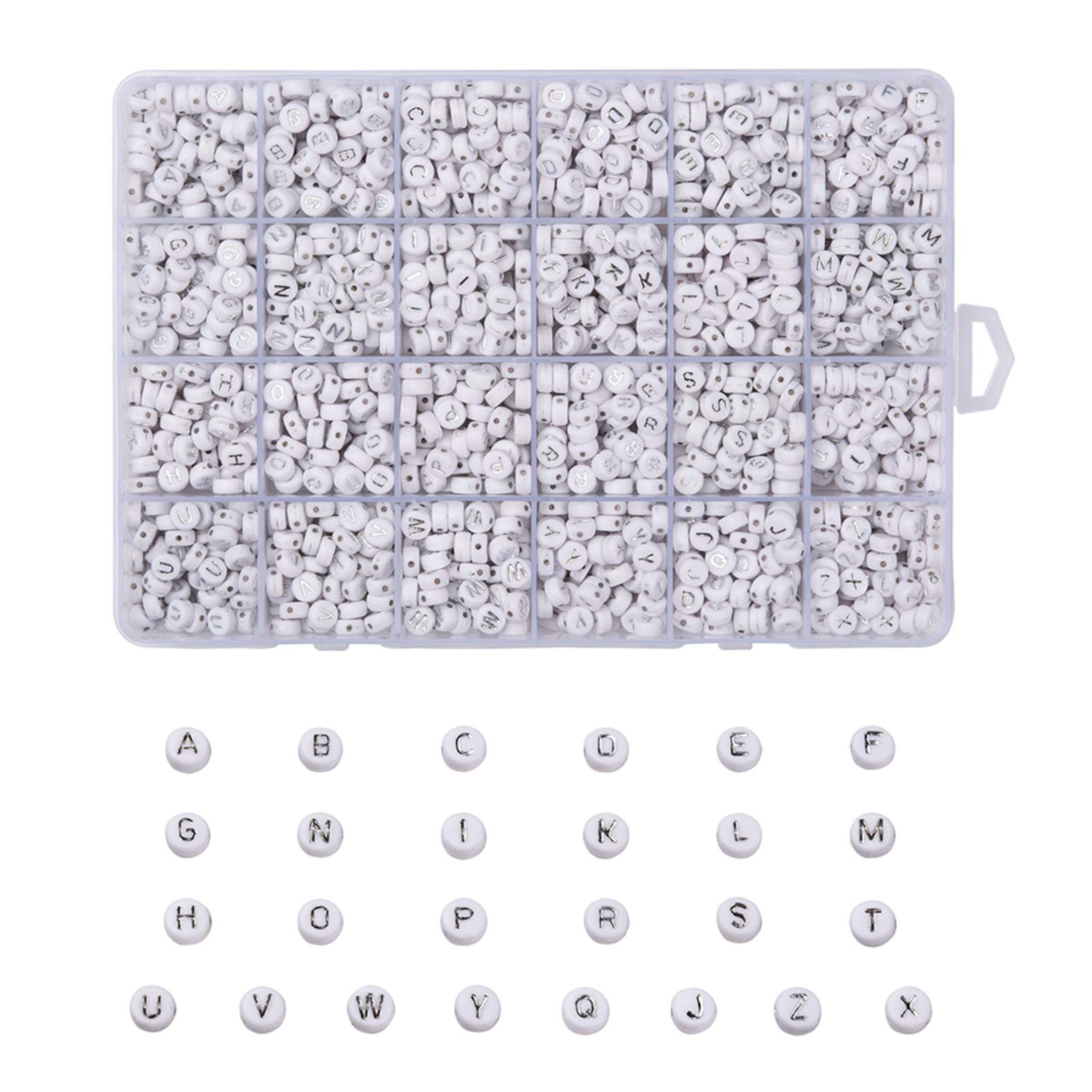 Cheriswelry White Acrylic Alphabet Beads 7mm Flat Round Disc Silver A-Z Letter Spacer Beads Charms for Jewellery Bracelet Making, About 1728pcs/box