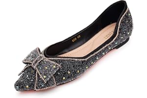 LiupanUp Women's Pointed Rhinestone Flat Shoes Glitter Flowers Wedding Comfortable Dress Shoes