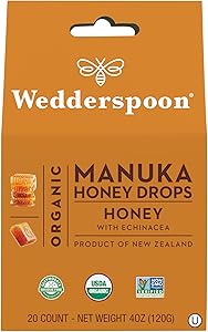 Wedderspoon Organic Manuka Honey Drops, Honey & Echinacea, 20 Count (Pack of 1) | Genuine New Zealand Honey | Perfect Remedy 