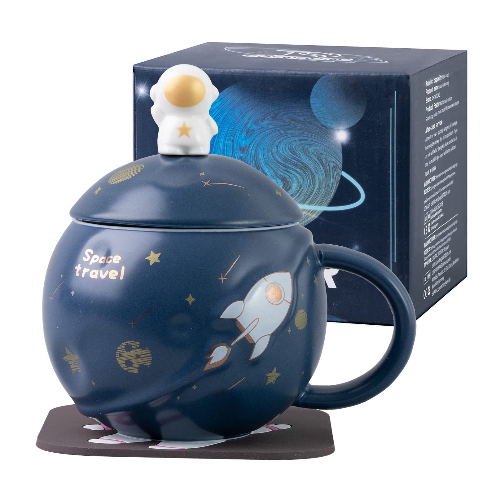 SHENDONG Kawaii Astronaut Cup Space Embossed Planet Mug - Cute Ceramic Coffee Cup With Lid, Spoon and Coaster for Tea, Milk - Novelty Morning Cup for Girl Boy Friends Deep Blue