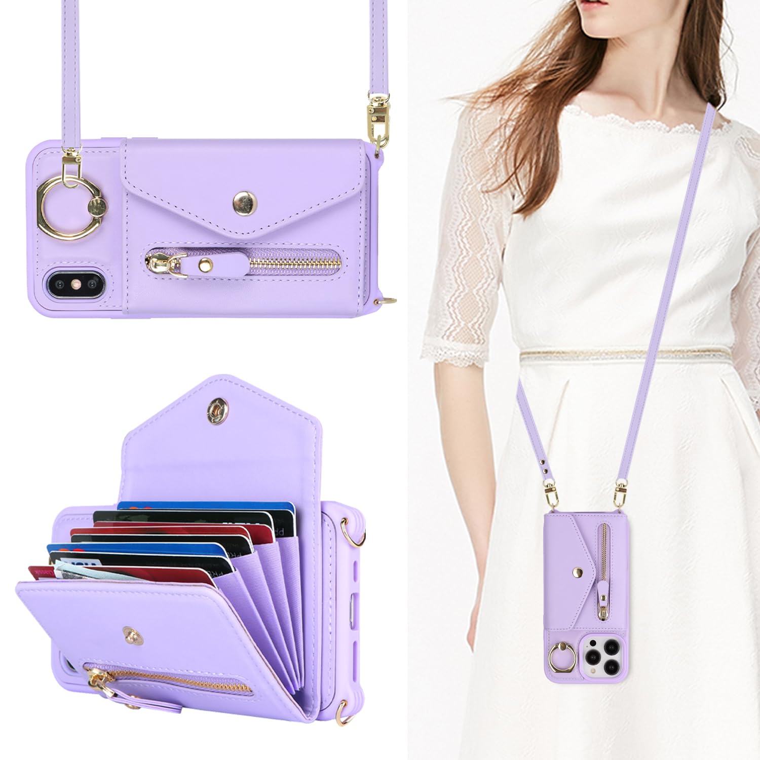 SailorTech iPhone X/XS Case with Zipper Credit Card Holder for Women, iPhone X Phone Leather Case Ring Stand with Card Slots Kickstand Wallet Crossbody for iPhone XS - Purple