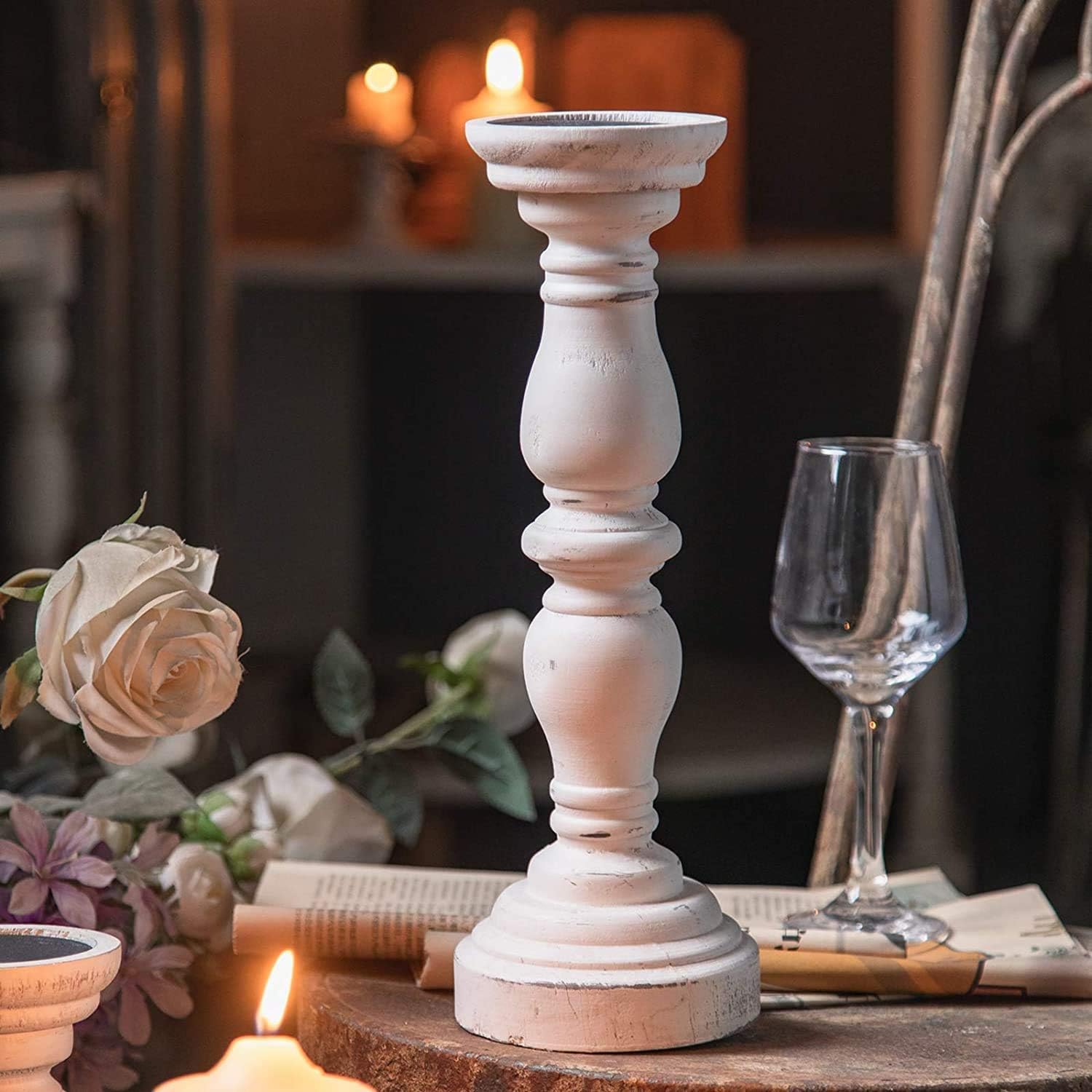 Sintosin Farmhouse Rustic Candle Holder for Pillar Candle 34.5 cm High, Vintage White Wooden Pillar Candle Holder, Antique Candlestick Holder for Dining Table, Coffee Table, Or Any Table Top