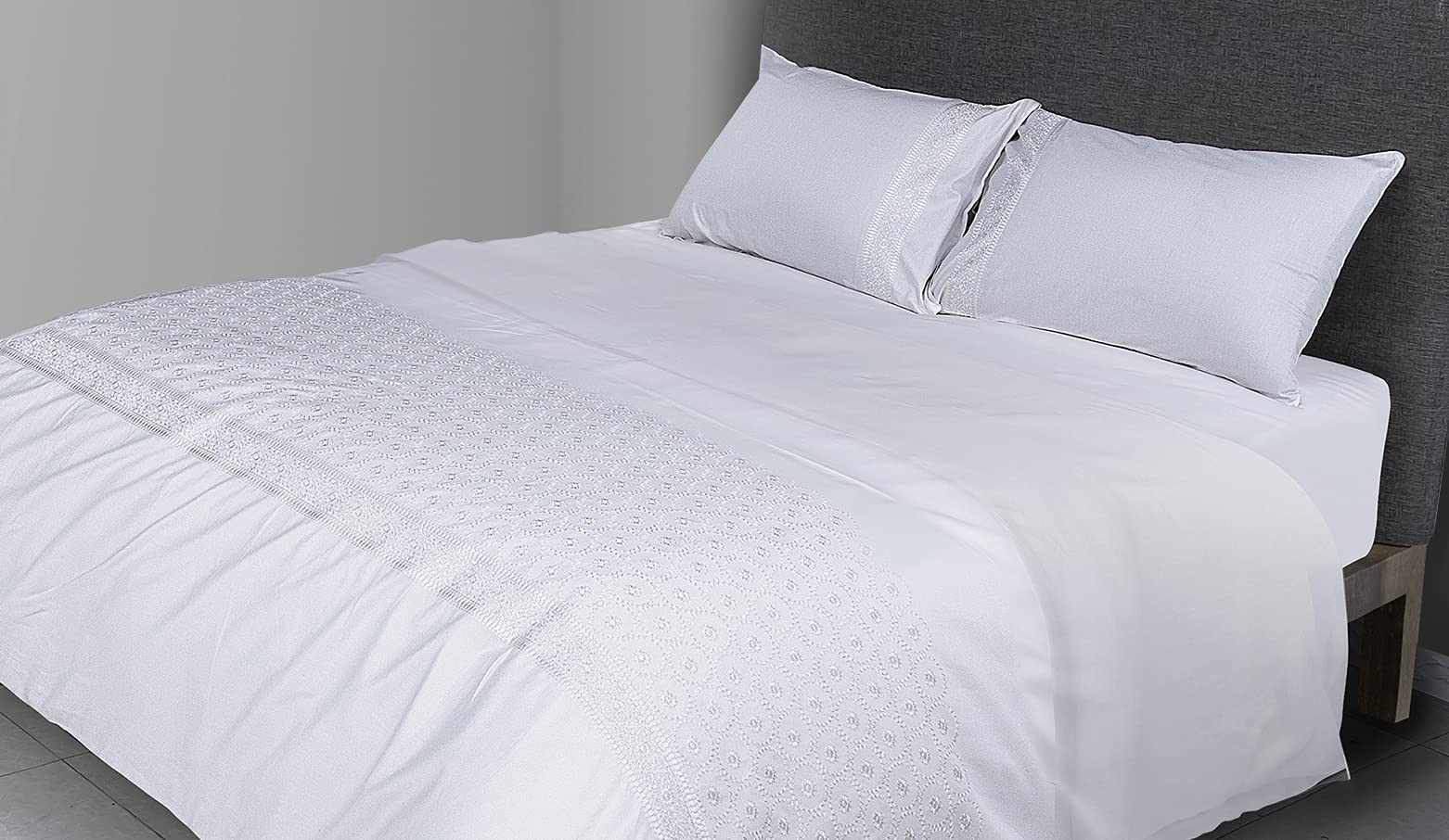 FLAX LINEN 4-Piece Super King Duvet Set, Floral Silver Collection, 400 TC Long Staple Organic Egyptian Cotton Bedding, Includes 1 Duvet Cover + 1 Fitted Sheet + 2 Pillowcases, Grey