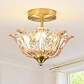 sunkryster Semi Flush Mount Ceiling Light, Gold Vintage Light fixtures with Floral Amber Glass Shade, Modern Close-to-Ceiling