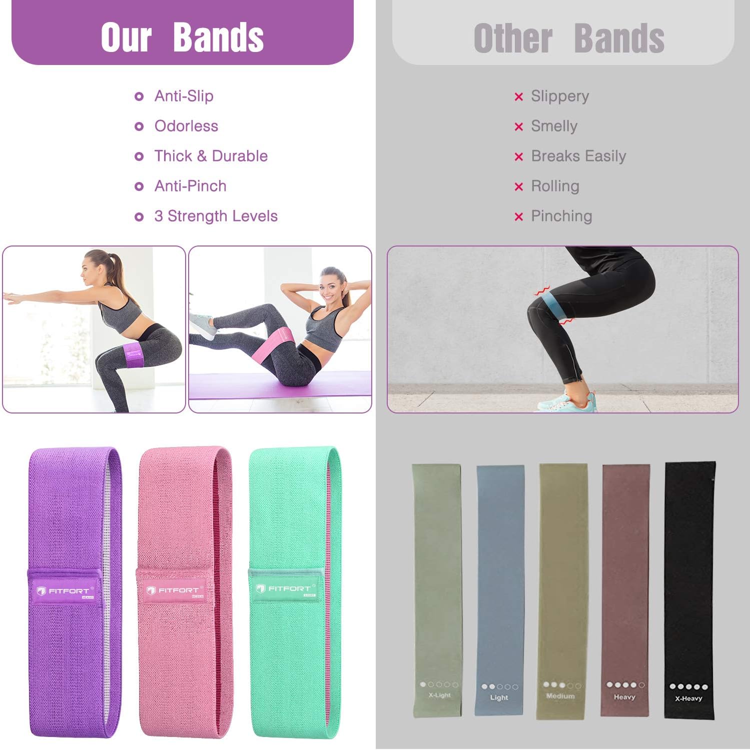 FITFORT Resistance Bands for Legs and Butt Exercise Bands - Non Slip Elastic Booty Bands, 3 Levels Workout Bands Women Sports Fitness Band for Squat Glute Hip Training : Sports & Outdoors