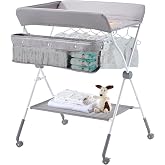VEVOR Baby Changing Table, Foldable Diaper Change Station with Side Basket, Adjustable Height Portable Changing Table with Lockable Wheels, Multi-Functional Storage Organizer Nursery, Light Gray