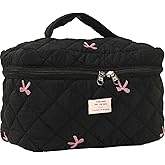 AMULOKRU Quilted Makeup Bag Large Cosmetic Bags for Women Girls,Floral Coquette Aesthetic Travel Toiletry Bag,Black Make Up Organizer Bag