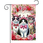 BlissYard Happy Valentine’s Day Cat Welcome Garden Flag 12x18 Inch Double Sided Cute Cats with Roses Design Small Outdoor Yard Flag Romantic Pet Love Banner for Porch Lawn Patio Spring Decor