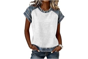 Shirts for Women Denim Patchwork Cute Tops Trendy Short Sleeve Crew Neck Blouses Color Block Summer Casual Tshirts