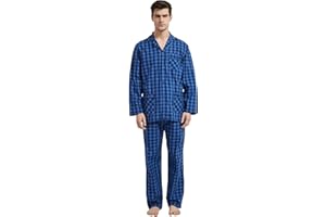 amaxer Mens 100% Cotton Pajamas Set Long Sleeve Pjs Button Fly Pants Soft Elastic Drawstring Waistband Bottoms