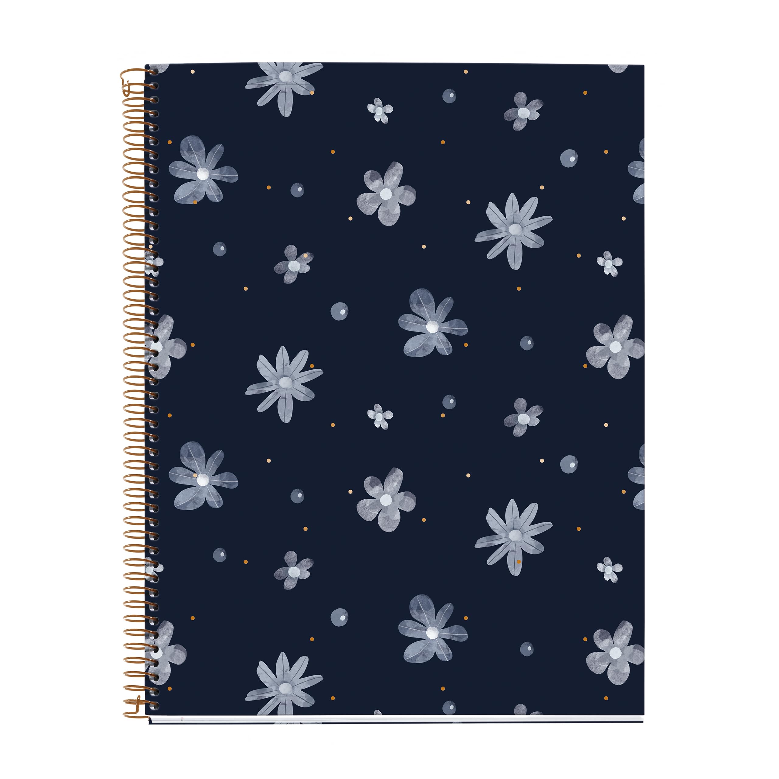 Miquelrius - Notebook A4 (210 x 297 mm), 5 mm grid, 120 sheets of 70 g/m², cardboard cover with gold details, 4 coloured stripes, copper spiral, Midnight Secrets collection, Blue flowers