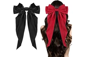 Ambesi Big Bow Hair Clips 2pcs, Long Tail French hair Bows for Women Girl, Satin Silky Bow Hair Barrette,Black Burgundy Red Bow Hair Accessories for Birthday/Party/Show/Christmas