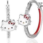 Sanrio Hello Kitty Womens Hoop Earrings - Cubic Zirconia and Enamel Plated Hello Kitty Earrings Officially Licensed