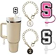 （2+2）2PCS Straw Cover for Stanley Cup 30&40 Oz 10mm Straw Topper with 2PCS Stanley Cup Accessories Letter Charms Name ID Initial Letter Handle Personalized Charm For Stanley Tumbler (Letter S)