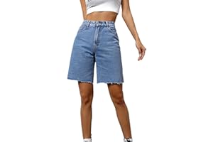 SweatyRocks Women's Casual High Waist Straight Leg Jean Shorts Raw Hem Denim Bermuda Shorts
