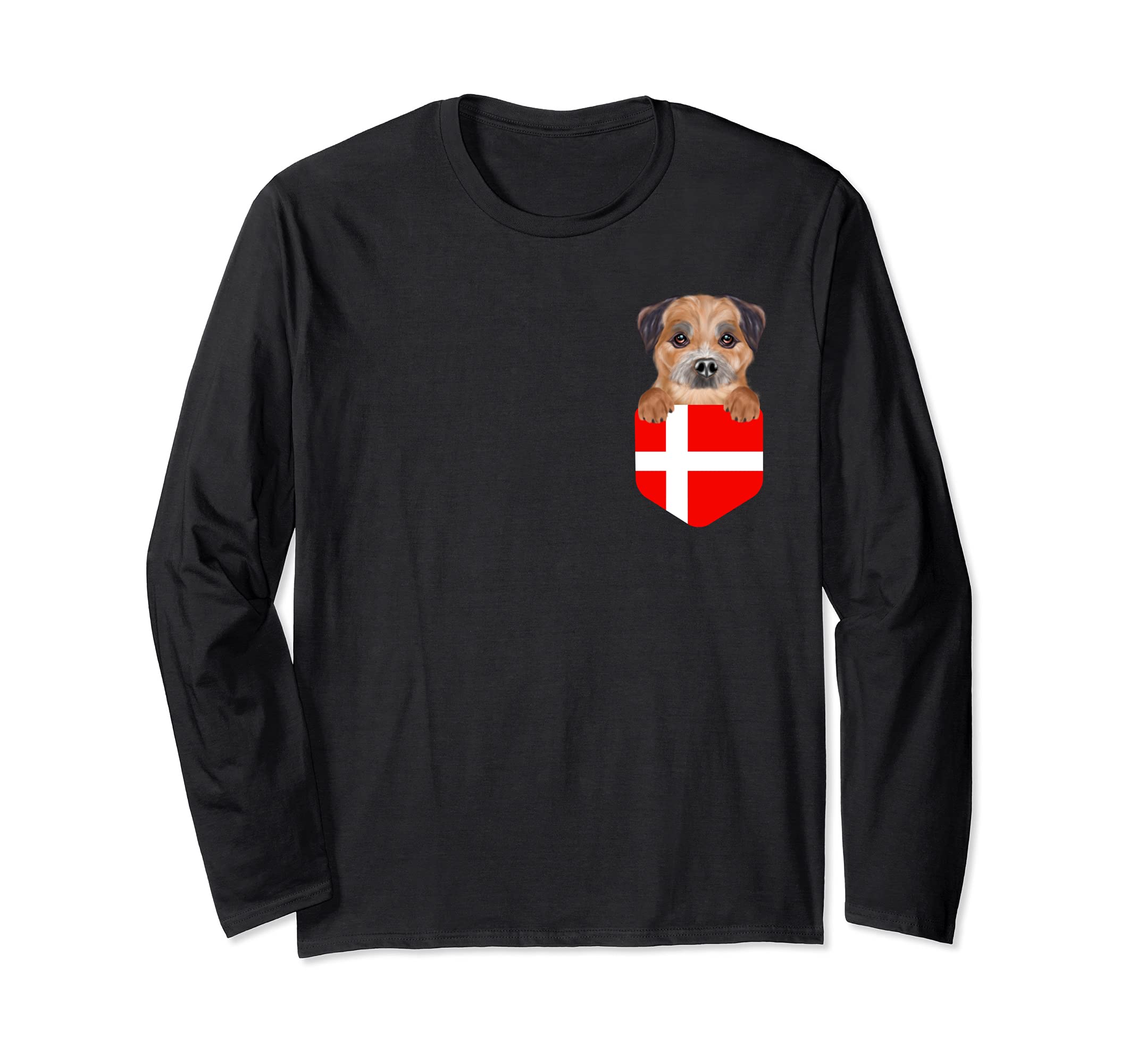 Denmark Flag Border Terrier Dog In Pocket Long Sleeve T-Shirt