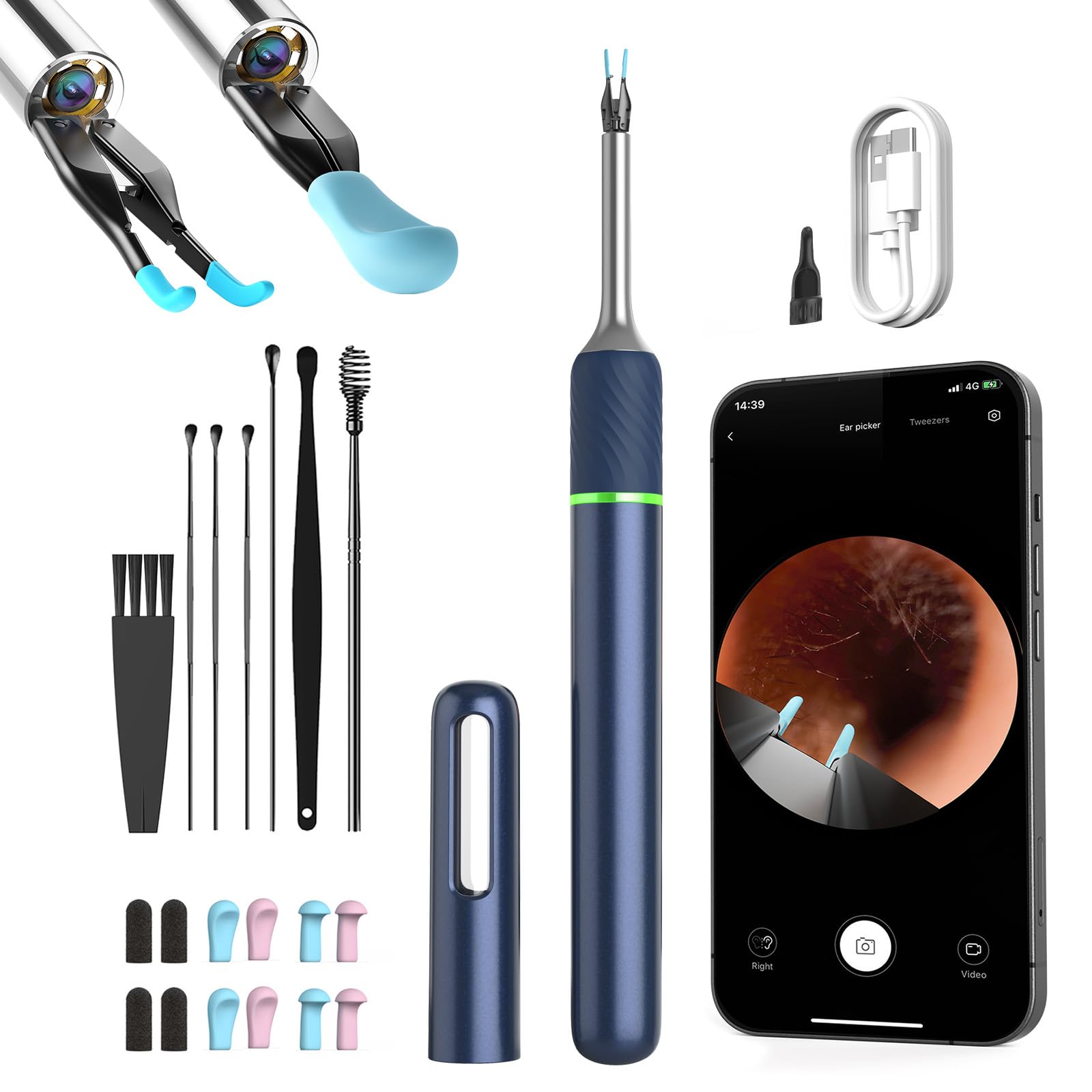 Ear Wax Removal Kit Ear Camera, 1080P FHD WiFi Wireless Ear Cleaner with 6 LED Light, Ear Cleaner with Ear Pick & Tweezers, 3.2mm Visual Ear Otoscope Endoscope for iOS, Android (Blue, Note5)