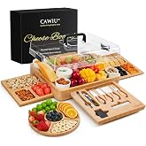 Large Bamboo Charcuterie Board Set with Lid, Drawers, Black | Includes serving utensils and a fruit tray for easy entertainin