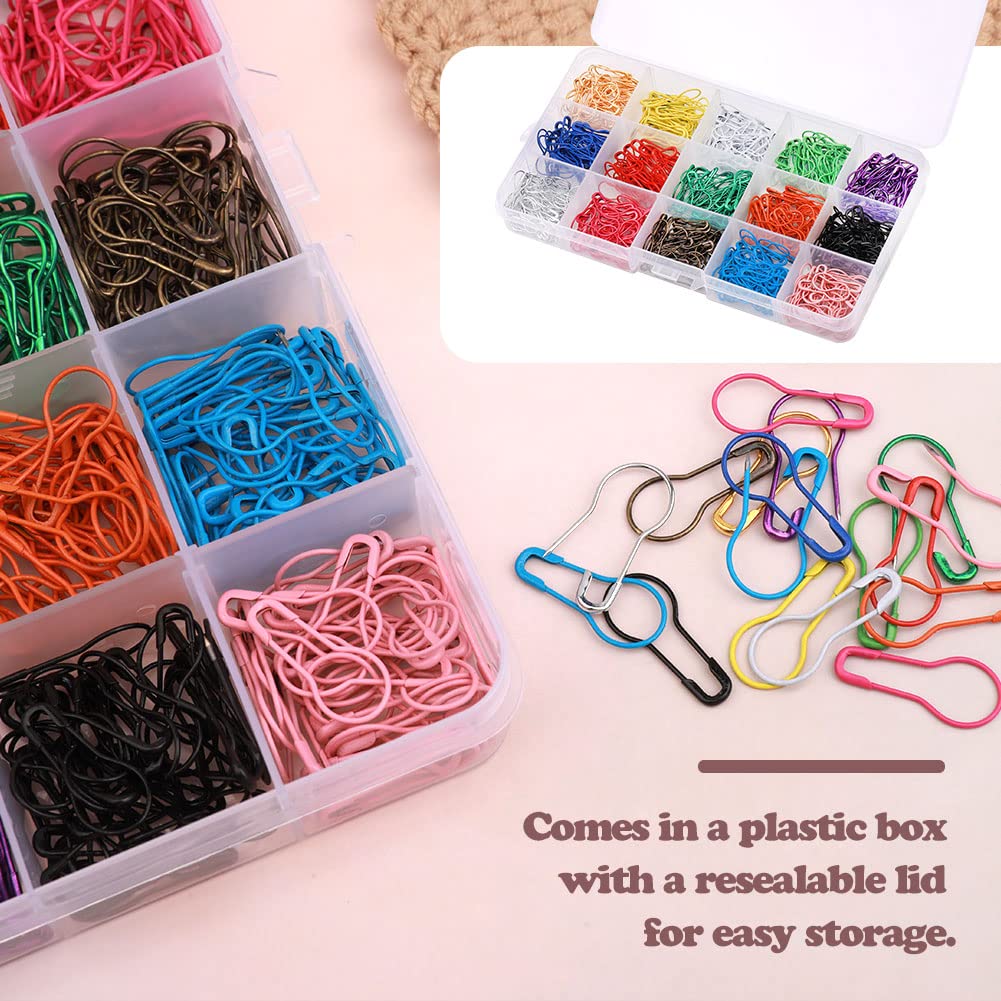 LUNARM 600 PCS Safety Pins, Colorful Metal Knitting Bulb Pins with Storage Box 15 Colors Stitch Markers for Clothing Labels Crochet Stitch Markers DIY Craft Project