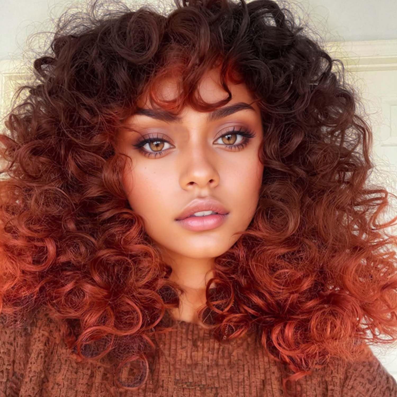Photo 1 of GKtineke-Curly-Wig Big-Curly-Wigs-for-White-Black-Women 20 Inch- Long-Curly-Afro-Wig-with-Bangs Synthetic-Hair-Replacement-Wigs-for- Cosplay and Daily(Ombre Ginger