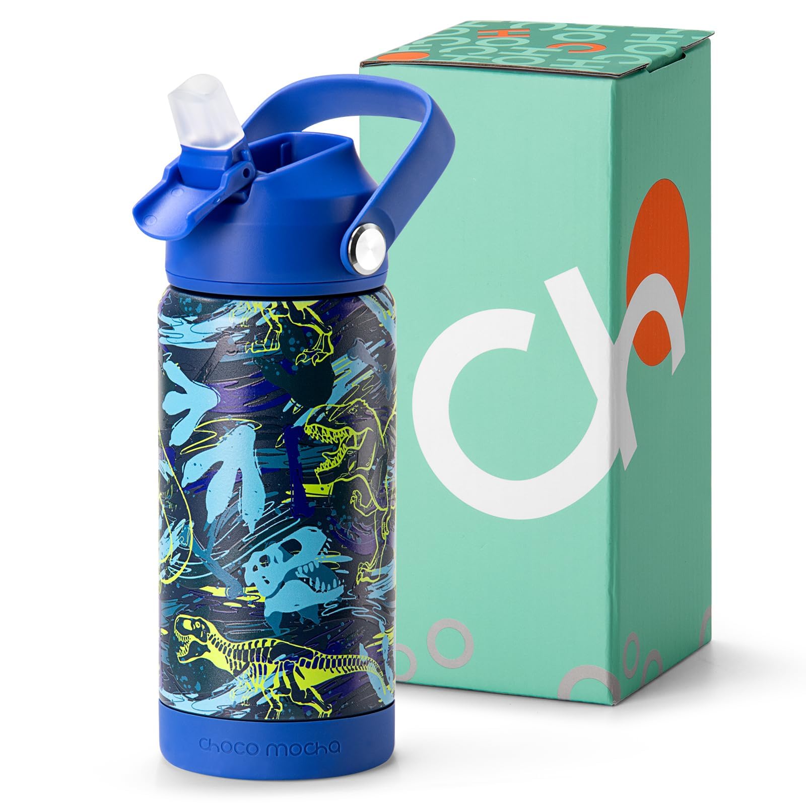 Choco Mocha Boys Water Bottle Kids Stainless Steel Water Bottle Metal Water Bottle with Straw Leak Proof Insulated Bottle for School BPA Free Double Wall 14/18 Oz,Blue Dinosaurs