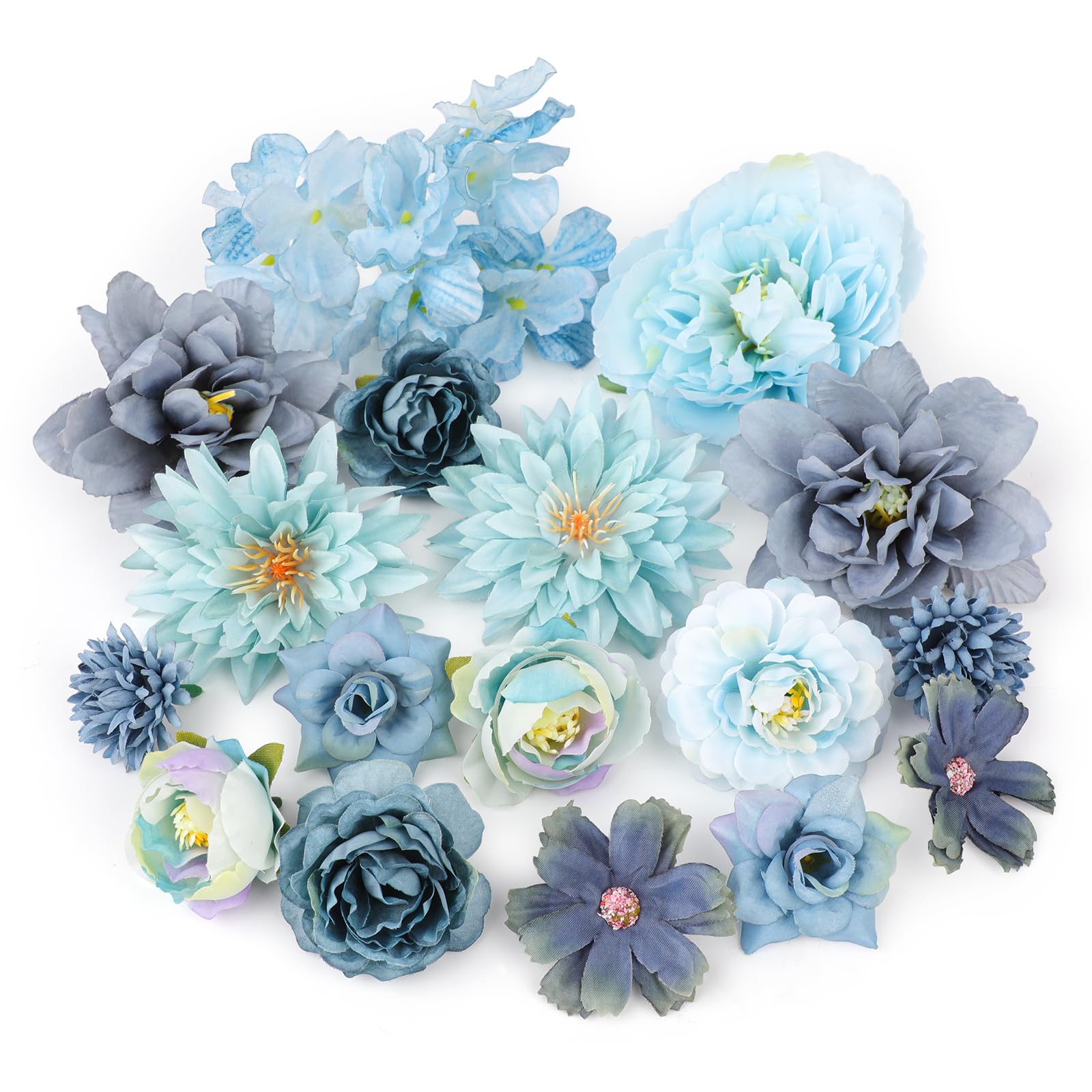 MWOOT 17 Pcs Artificial Flower Heads, Faux Flowers for Crafts, Fake Rose Water Lily Peony Chrysanthemum Flowers Heads for DIY Wreath Cake Wedding Bouquet Party Home Garden Decoration (Blue)