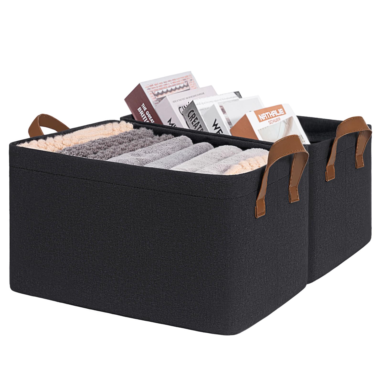 Black Storage Basket Clothes Storage Boxes, Small storage baskets for Shelves, Foldable Storage Box with Handles, Shoe Basket for Entryway, Bedroom, 37½ x 26 x 21 cm, 2-Pack