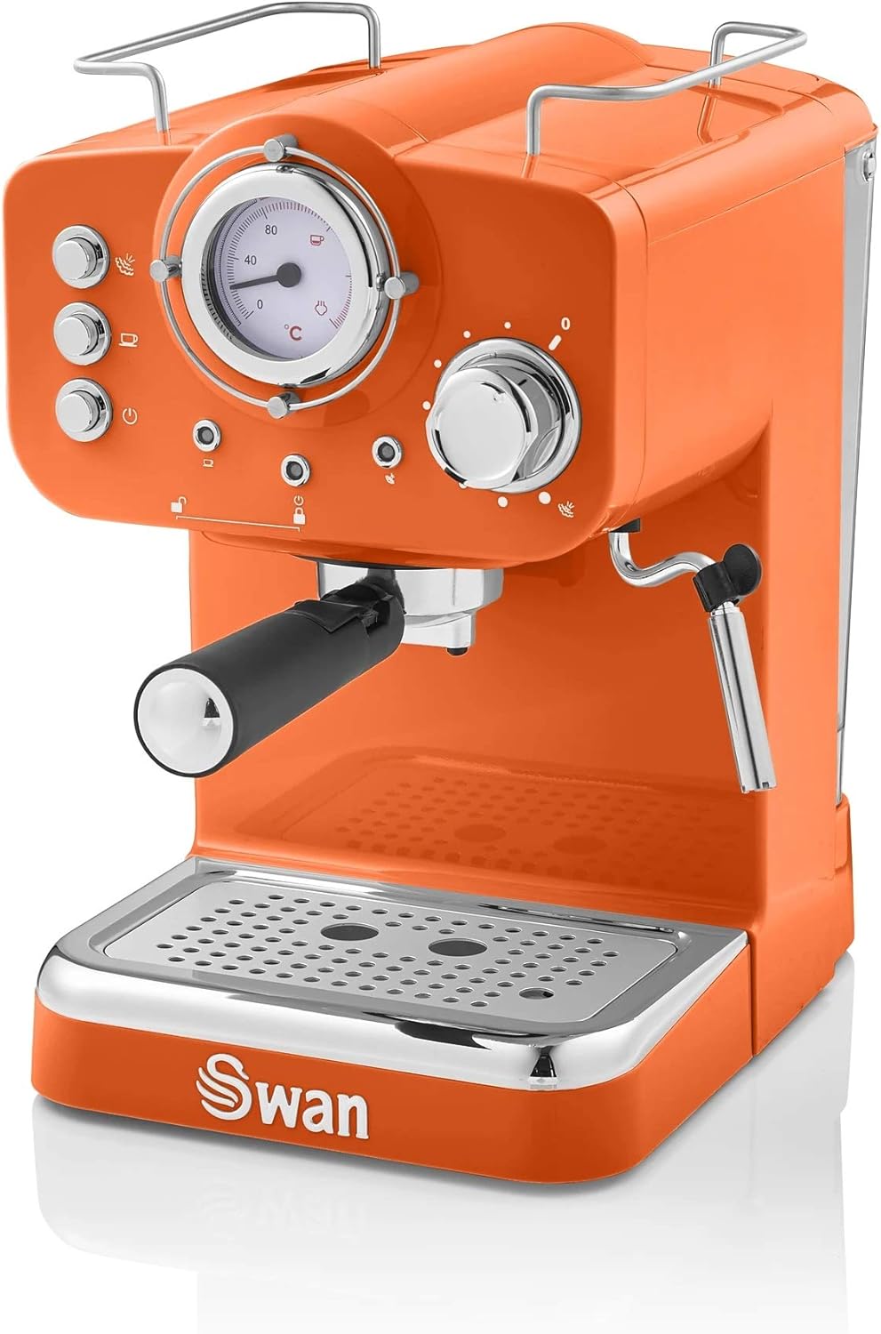 Swan Retro Pump Espresso Coffee Machine, Orange, 15 Bars of Pressure, Milk Frother, 1.2L Tank