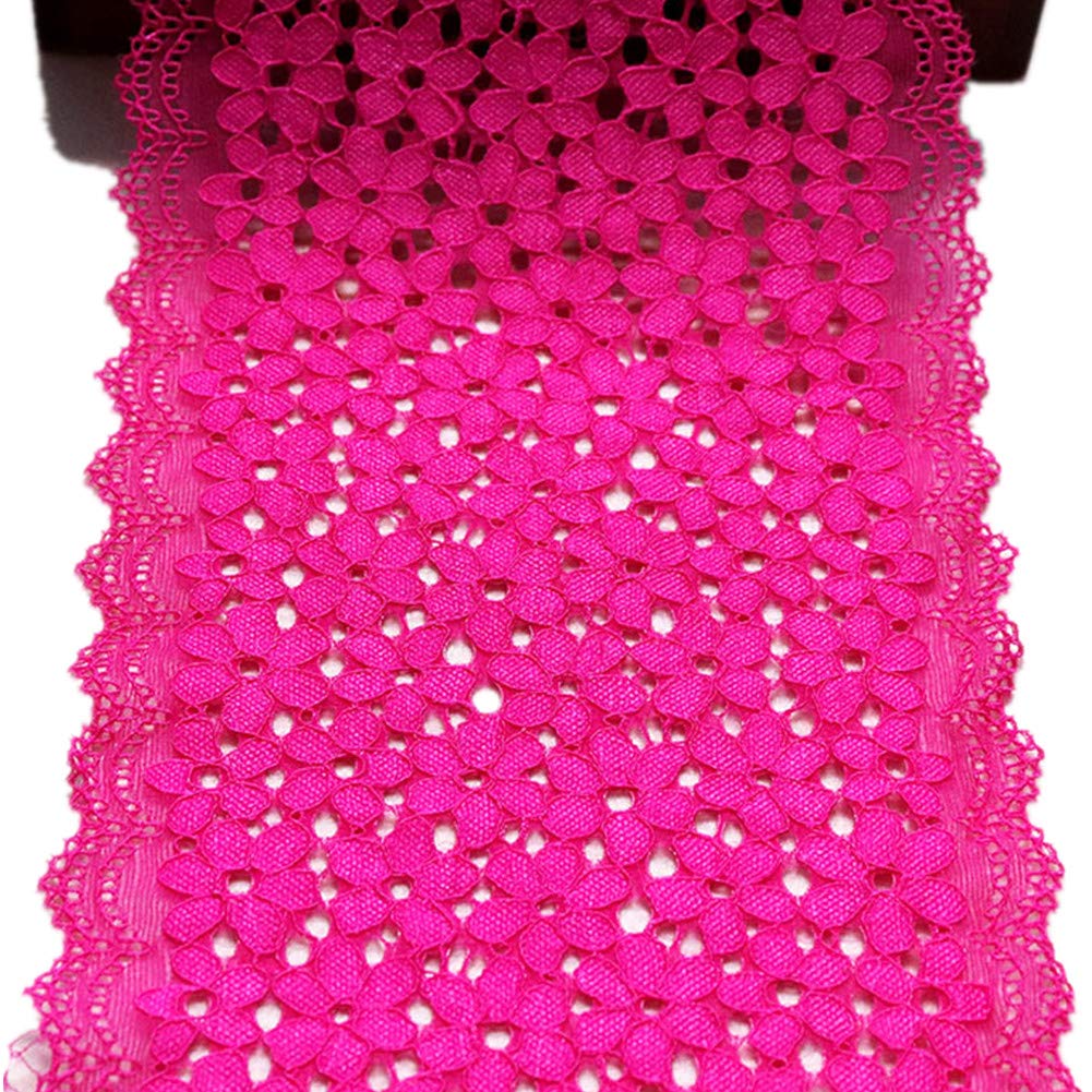 5 Yards Forget-me-not Floral Lace Ribbon Stretchy Embroidered Tulle Lace Trimming Fabric Width 18cm for Hair Accessories Sewing Crafts Wedding Party Decorations(Hot Pink)