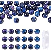 KISSITTY 38pcs 10mm Natural Tiger Eye Stone Beads Blue Round Crystal Gemstone Loose Spacer Beads with Stretchy Elastic Bracelet String for Jewelry Making Necklace Earrings DIY Crafts Healing Energy