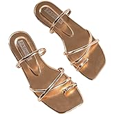 GORGLITTER Women's Metallic Strappy Sparkly Sandals Dressy Cute Slip on Slide Vacation Summer Weeding Flats Sandals