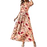 Gracyoga Women's Summer Dresses 2025 Short Sleeve Maxi Dress Casual V Neck Flowy Sundress with Pockets
