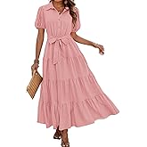 dowerme Womens Summer Dresses 2025 Short Sleeve Button Tie Waist Beach Vacation Clothes Boho Flowy Tiered Maxi Sundress