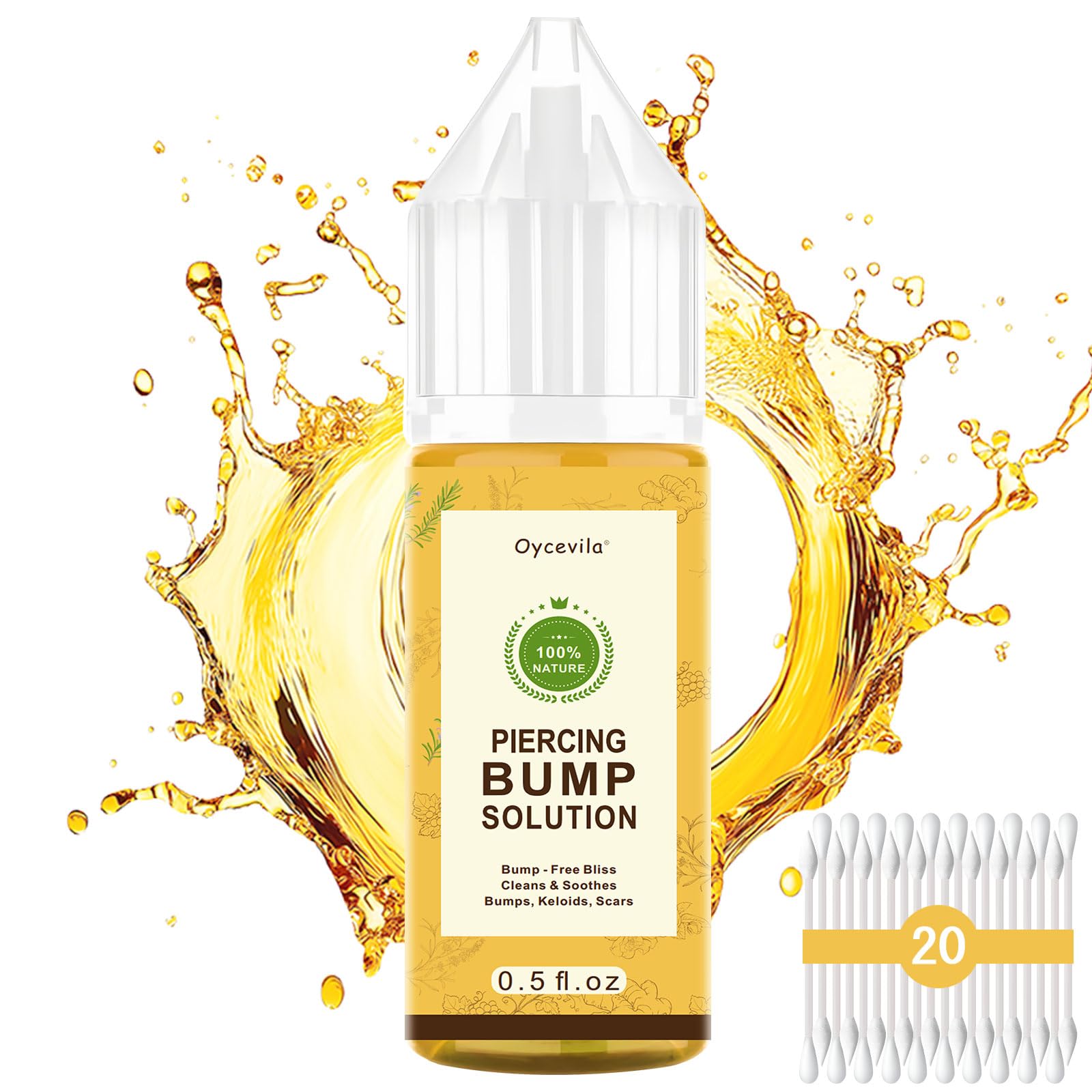 Photo 1 of 0.5oz -100% Natural Piercing Bump Solution & Keloid Bump Removal Drops (with 20 Cotton Swabs), Professional Piercings Aftercare Oil to Relieve & Reduce Appearance of Keloid/Scar on Nose, Ear & Belly