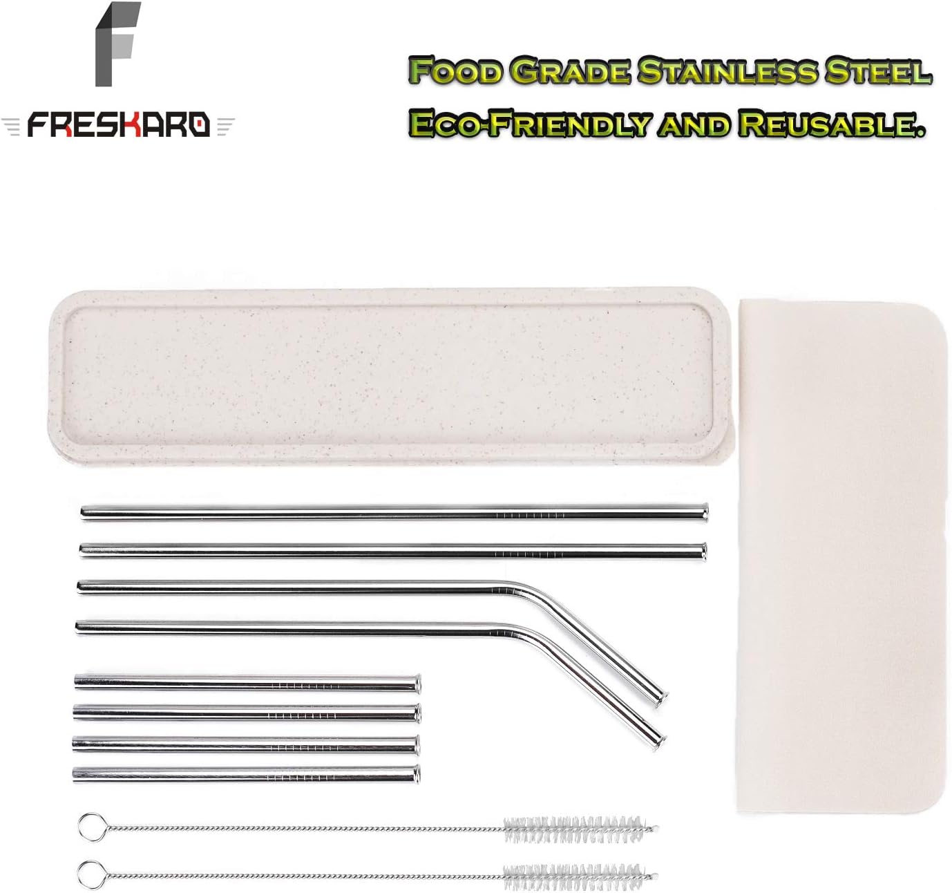 Eco-Friendly Drinking Straws-Reusable Stainless Steel Straws for Kids, FDA Approved, Scratch-Proof, Dishwasher safe, 8pcs metal straws, 1pc Eco-Friendly Organizer, 2pcs Brush, 1pc Lint Free cloth