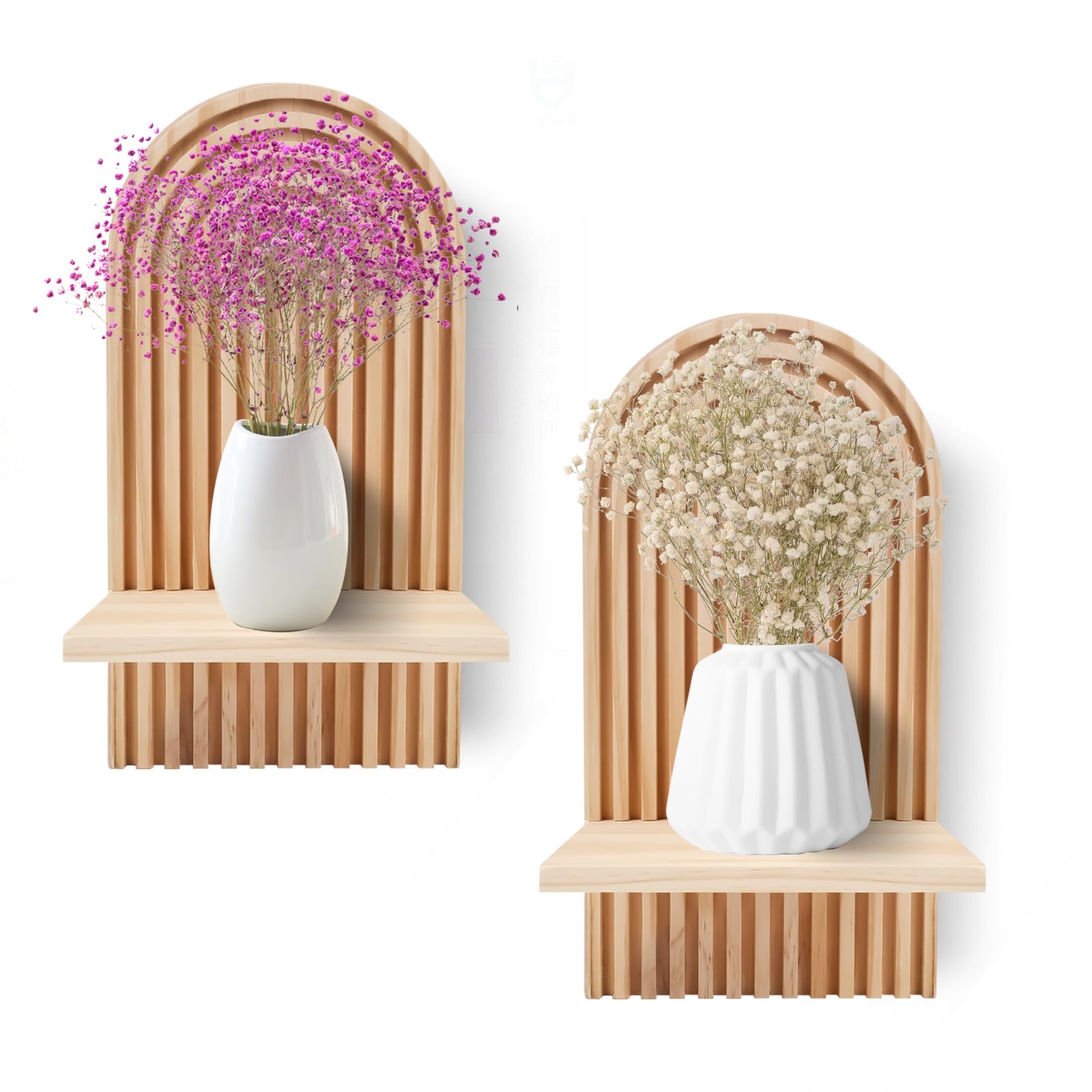 Gachiwar Pack of 2 Boho Wooden Wall Shelves, Bohemian Wall Decoration for Children's Room, Living Room & Bedroom, Plant Stand in Natural Design (Wooden Colour)