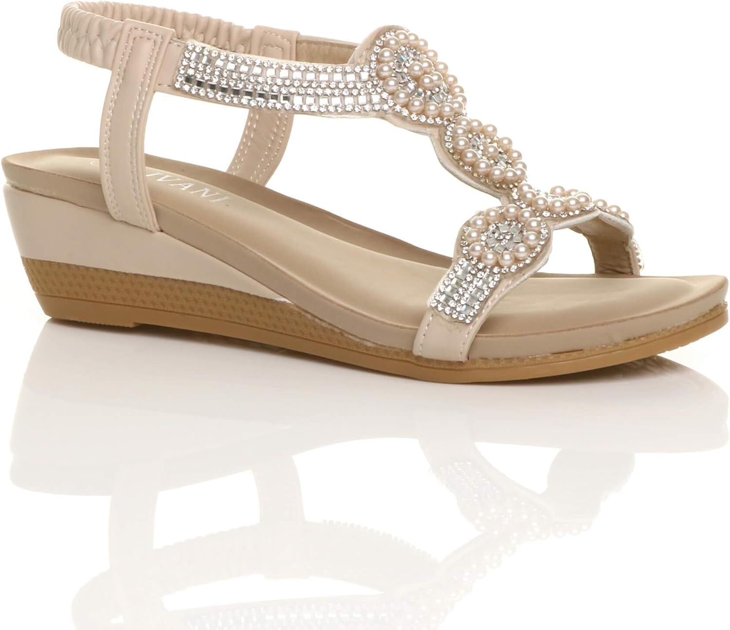 Ajvani Womens Ladies mid Wedge Heel Diamante tbar Beads