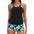 Yonique Two Piece Tankini Bathing Suits T-Back Blouson Swim Tops with Boy Shorts Women Swimsuits Sporty Swimwear