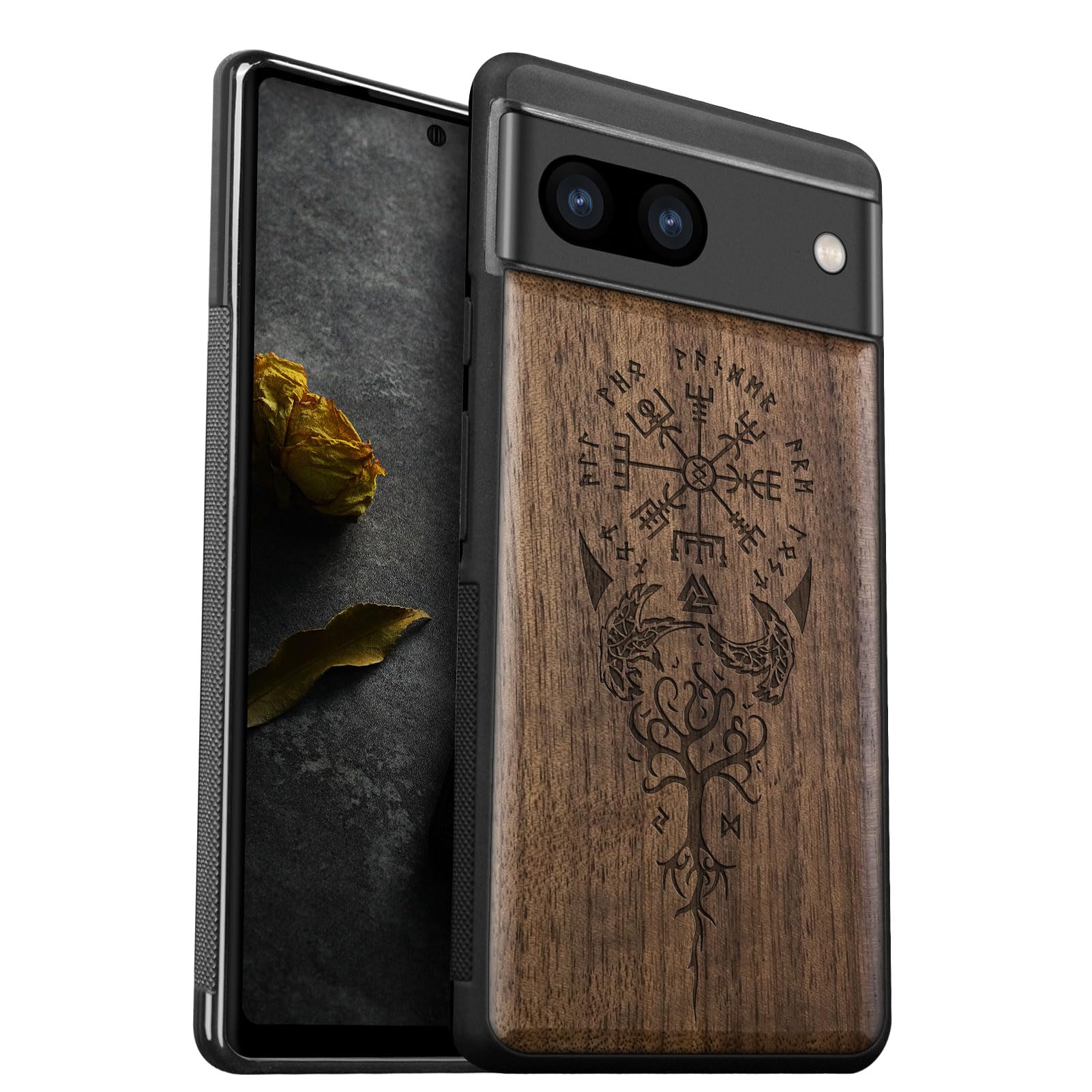 Carveit Wood Case for Pixel 8a - Natural Walnut & Black TPU Shockproof Protective Cover - Compatible with Google Pixel 8a (Viking Compass Vegvisir)